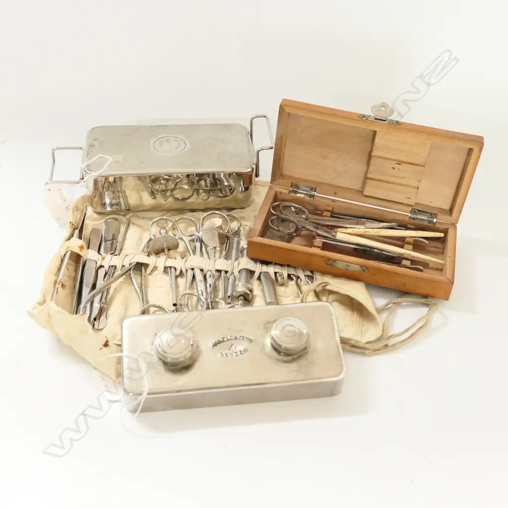 GERMAN FIELD SURGICAL INSTRUMENTS (METAL CASE), ENGLISH SPIRIT BURNER (MILITARY) and SMALL BOX MISC FIELD INSTRUMENTS Image 1++